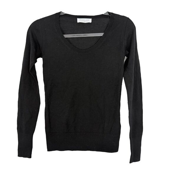 EVERLANE Featherlight Thin Knit Wool Sweater XXS Black Scoop Neck Soft NEW B16 - Picture 1 of 5